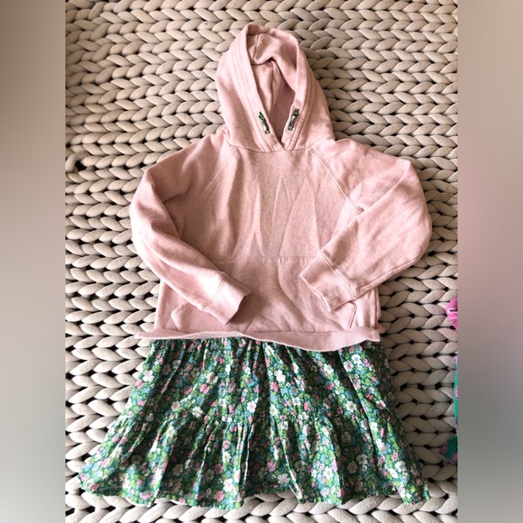 Mini Boden Other - Mini Boden Pink hoodie dress with green floral print skirt.